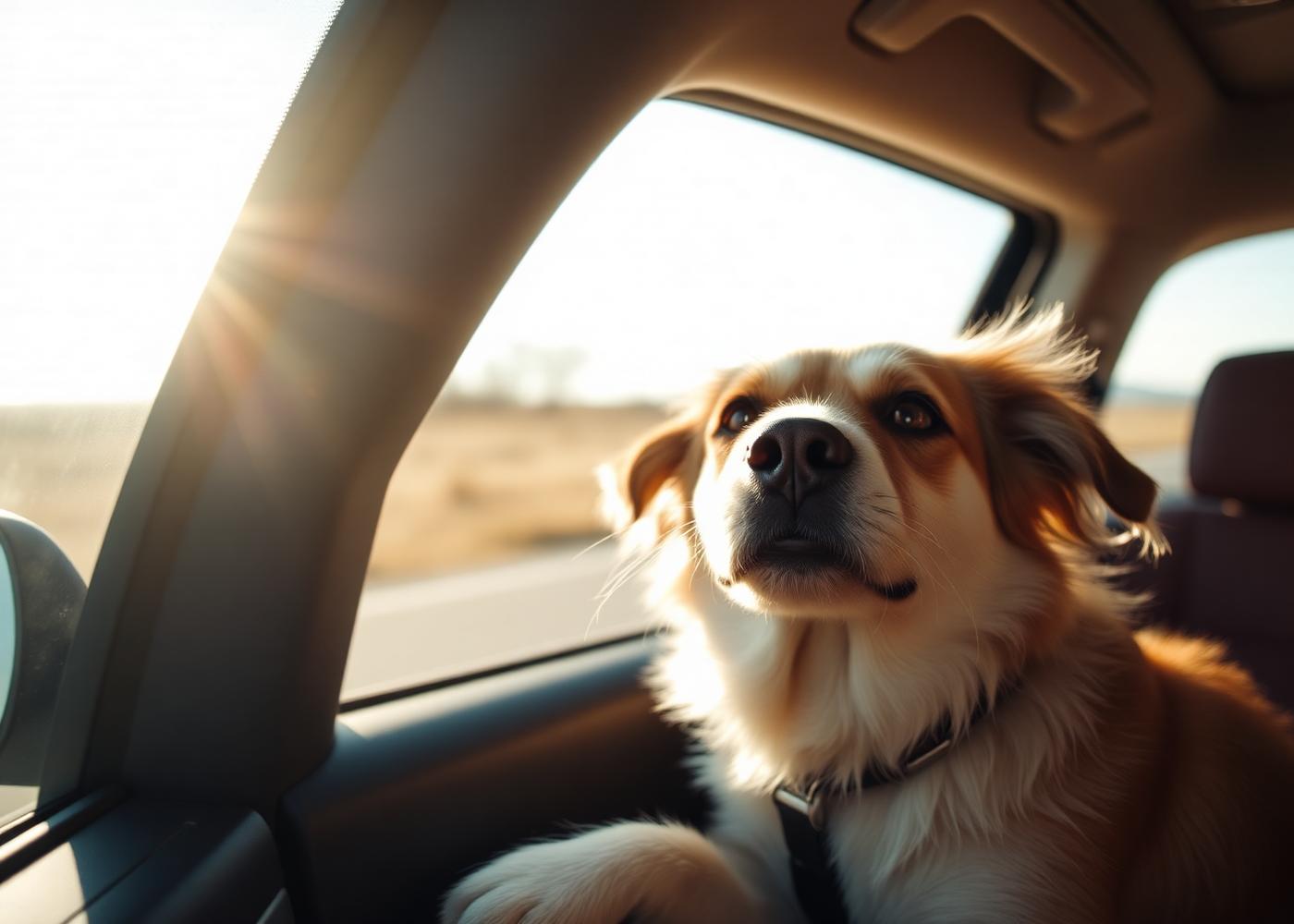 Calm dog looking out the car window during a road trip