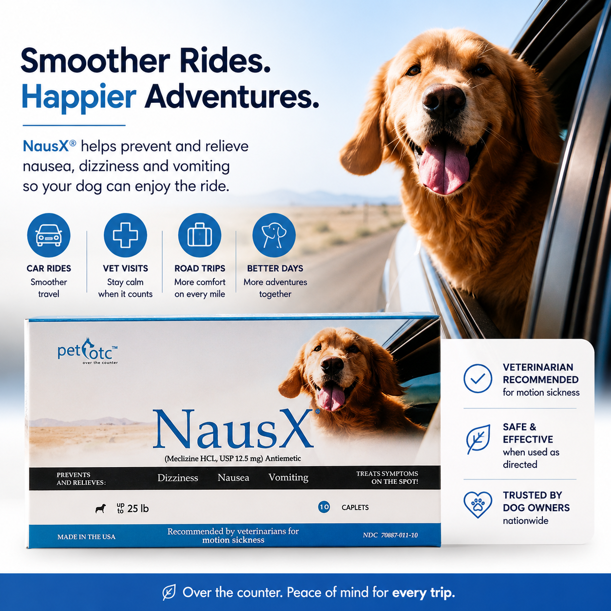 NausX chewable tablets for dogs — three sizes for small, medium, and large breeds