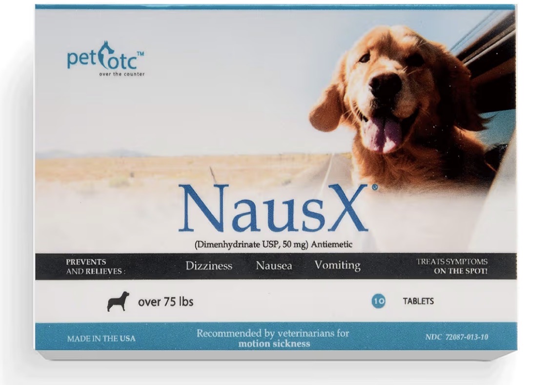 NausX chewable dog motion sickness tablets for large breed dogs 51 lbs and up