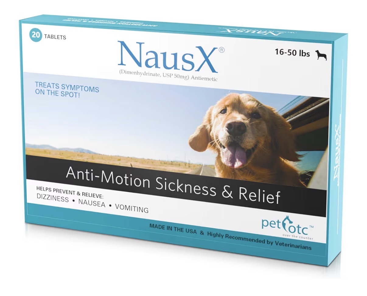 NausX chewable dog motion sickness tablets for medium breed dogs 26 to 50 lbs