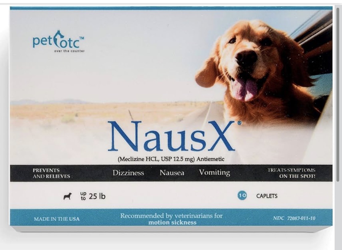 NausX chewable dog motion sickness tablets for small breed dogs up to 25 lbs